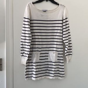 White and navy striped sweater dress